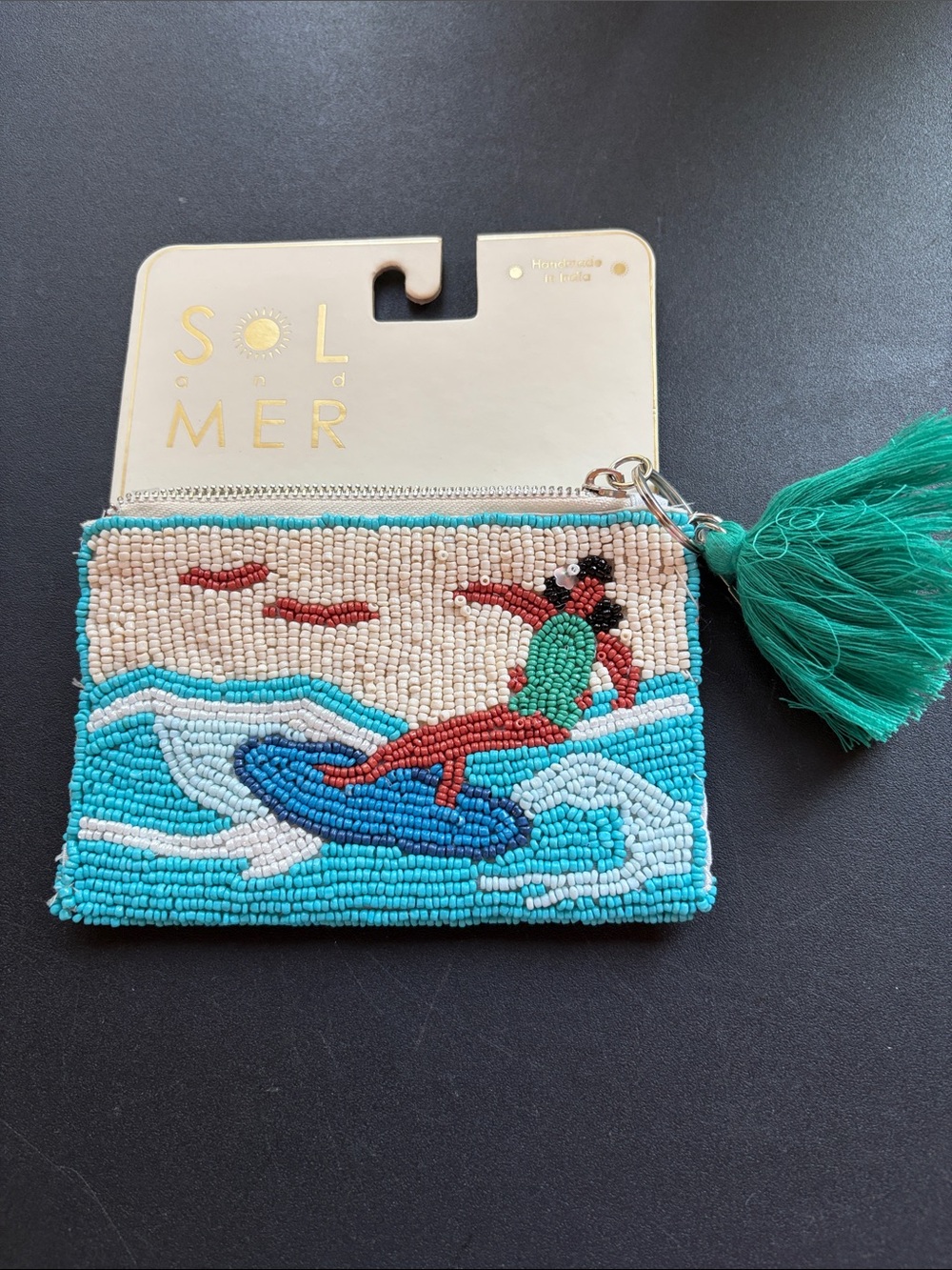 Sol and Mer Beaded Surfing Coin Pouch with Teal Tassel